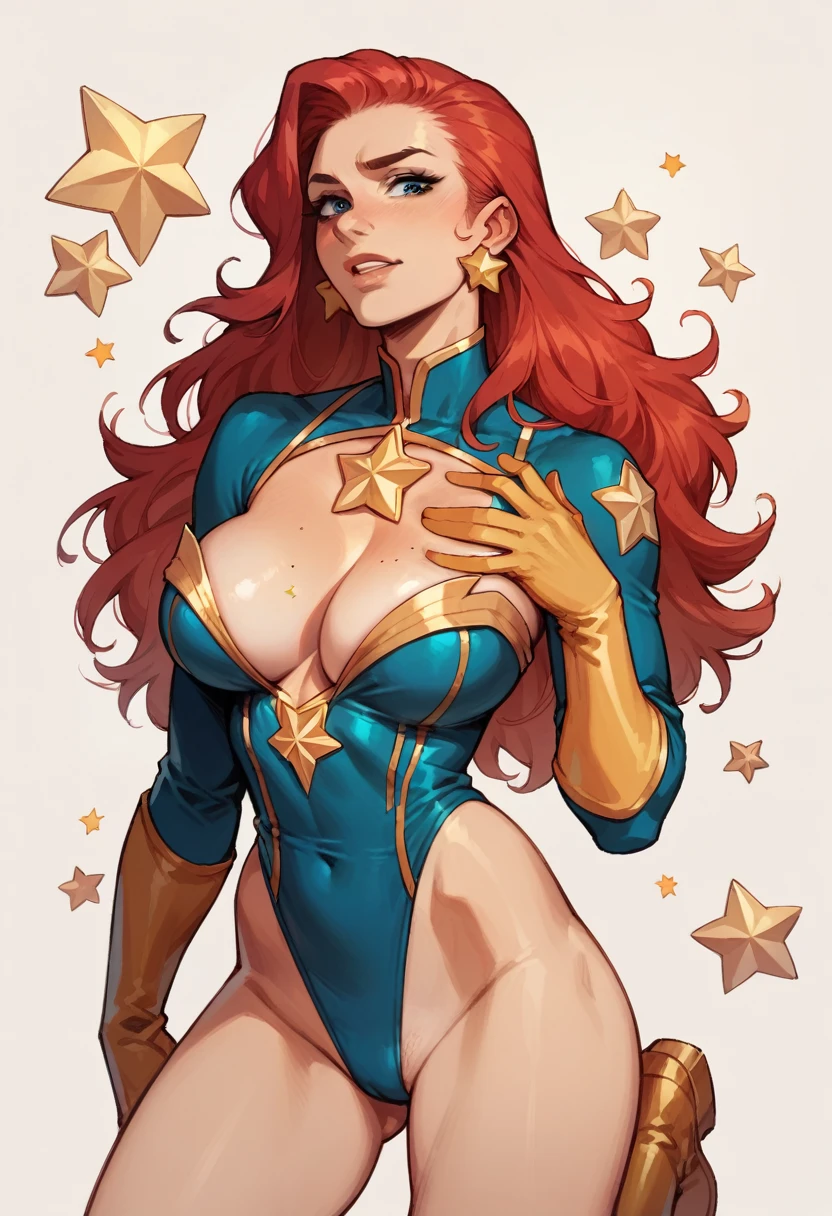 masterpiece, Sexy, Superheroine, Red hair, long hair, busty, ((blue highleg leotard with a t-back thong and a gold star insignia on chest)), gold boots, gold gloves,