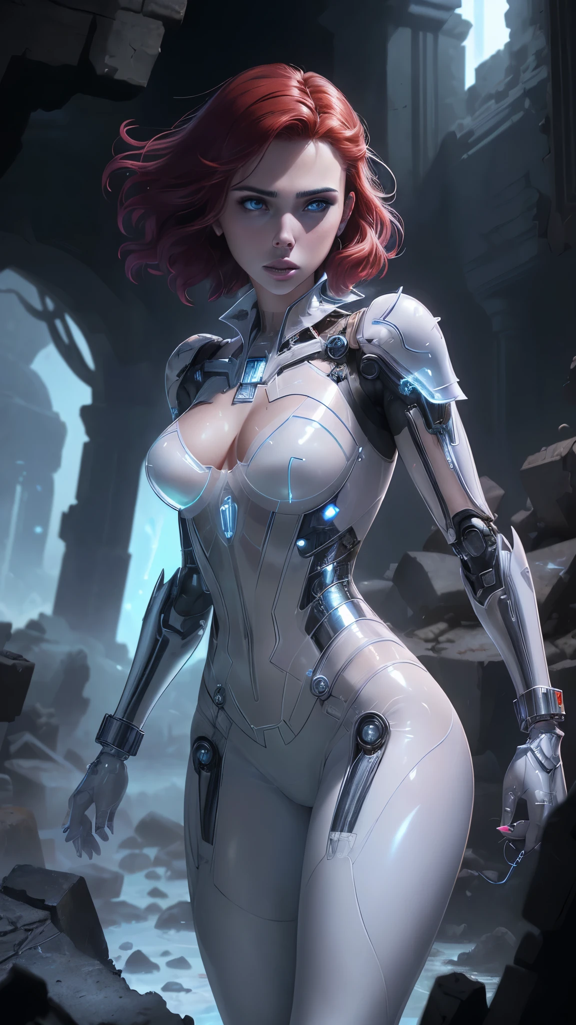 (The best quality,A high resolution,Ultra - detailed,actual),Scarlett Johansson es Black Widow, Traje de plastic white bodysuit, curly reddish hair, (shiny white tights/shackles:1.4),,(Ruined dungeon ruins background:1.4 ), epic fantasy art style hd, 4K fantasy art, epic fantasy digital art style, epic fantasy art style, Fantasy Woman, epic fantasy art portrait, Epic fantasy style, hyperrealistic fantasy art, hd fantasy art, epic fantasy character art, epic fantasy art, in style of dark fantasy art, epic fantasy digital art, (cowboy pose :1.4), (detailed perfect anatomy :1.4), (cinematic lighting :1.4), (Scarlett Johansson:1.4), (Black Widow:1.4), (BodySuit white plastic transparent :1.4),( face detailed :1.4),( beautiful eyes detailed :1.4), high quality, (raw photo, best quality), (realistic, Photorealistic: 1.4), (extremely delicate and Beautiful: 1.4), Amazing, fine details, masterpiece, Ultra detailed, high resolution, best illustration, best shadow, intricate, ( extremely intricate: 1.2), (exquisitely detailed skin), cinematic light, Perfect anatomy, (cool color: 1.4), Sharp focus, 8K UHD, DSLR, (Fujifilm XT3),(Model:Scarlett Johansson),( cyborg white plastic transparent mechanical :1.4), (cyberpunk bright colors), (Detalles de la cara: 1.5, ojos azules brillantes, hermoso rostro, ojos bonitos, Contorno del iris, labios delgados: 1.5, Thin, sharp pale eyebrows, Long, dark eyelashes, double tabs),(cyborg mecánica white plastic transparent :1.4)