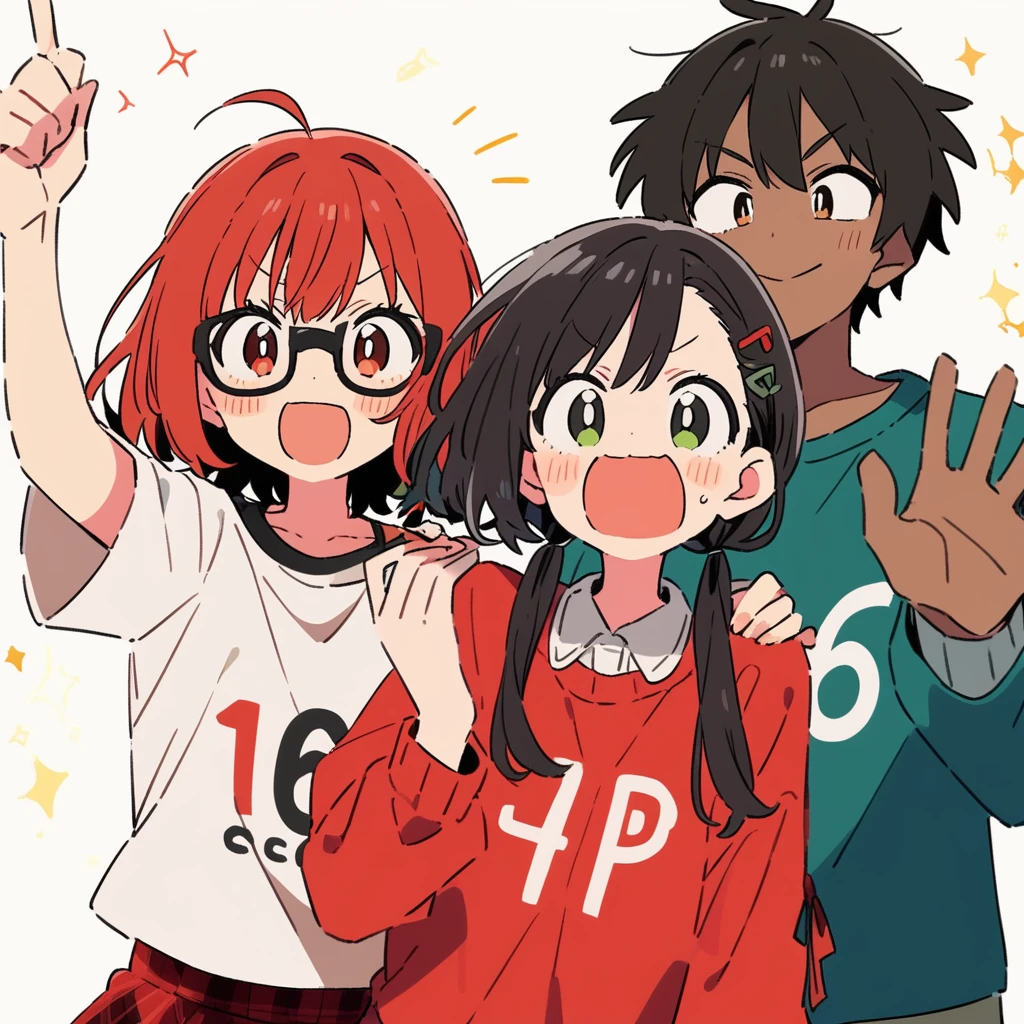 score_9, score_8_up, score_7_up, score_6_up, score_5_up, score_4_up, BREAK source_anime, 1girl white, clothed, Red chanel hair above the shoulder, glasses, friends pose, 1boy black, Boy with dark skin, black hair, Silly face,wearing casual clothes, (SuperQuality:1.0) ~ (SuperQuality:1.2)