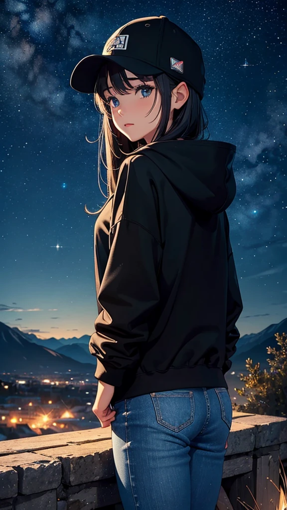 ((best quality)), ((masterpiece)), (detailed), 1 girl , black hoodie , black cap , standing position , facing backward , starry night background , mountain background , night time , jeans , cap covering the face , looking at the back