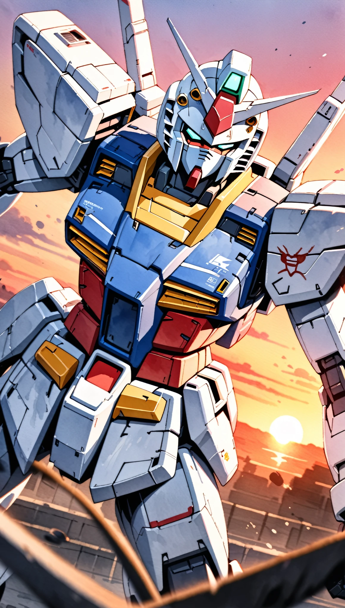 (masterpiece),(Highest quality),(Super detailed:1.0),(Ultra-high resolution),8k,(Best illustrations),((watercolor)),(Anime Style),8k,Hard Edge,robot,機動戦士Gundam,Gundam,RX78-2,(((Twin Eye))),(watercolor画の飛沫、Oozing、Blurred、Blotting、Effective use of the fade technique),(Sunset),(Detailed face drawing)