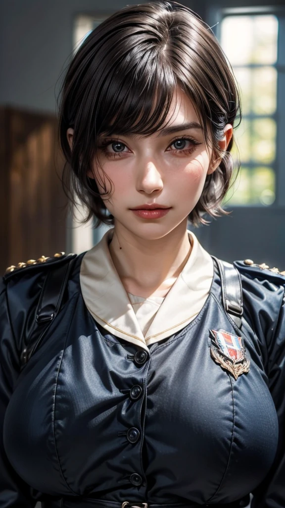 ((Beautiful Face:1.6)), (Purelos Face_v1: 1.0), Half Body,(Highest Resolution, clear_image) Highest quality, Single, One Woman, alone, masterpiece, Very detailed, Semi-realistic, Black short hair, Black Hair, bangs, 18-year-old, mature, light blue uniform, uniform, Indoor Background, kind, Authoritative, Powerful, Exquisite facial features, Exquisite facial features,((Natural big breasts:1.4))