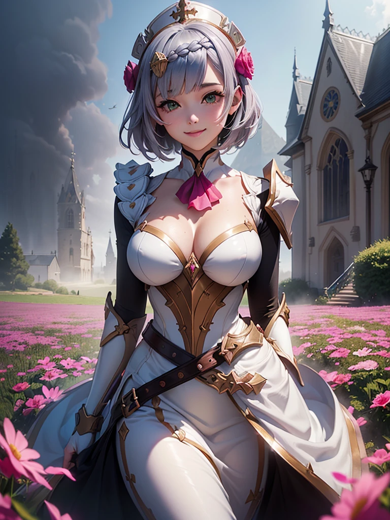 [noelledef]:1.5,((masterpiece,highest quality,Detailed images,Beautiful images))1.4(noelle images、smile、Bob Hair、church、Flower Field、The wind is blowing、Bright lighting overall、Backlight、A fantastic atmosphere、Thick Fog)1.1(Beautiful body lines、small beauty breasts、Beautiful cleavage) 8K
