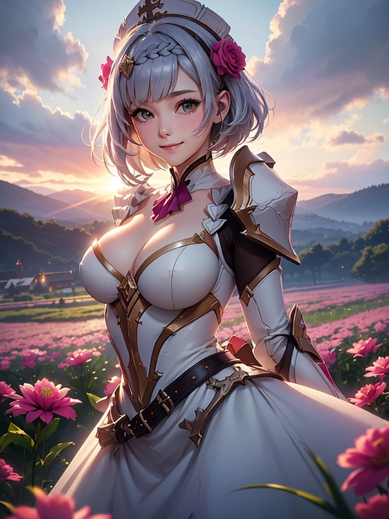 [noelledef]:1.5,((masterpiece,highest quality,Detailed images,Beautiful images))1.4(noelle images、smile、Bob Hair、church、Flower Field、The wind is blowing、Bright lighting overall、Backlight、A fantastic atmosphere、Thick Fog)1.1(Beautiful body lines、small beauty breasts、Beautiful cleavage) 8K

