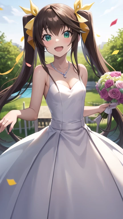 masterpiece, best quality, highres, aahuang, long hair, twintails, hair ribbon, small breasts, wedding dress, cleavage, necklace, white dress, garden, standing, holding bouquet, open mouth, smile, confetti,