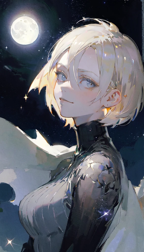 masterpiece, Best quality, portrait, 1 girl, short hair, platinum blonde hair, turtleneck, open jacket, from the shoulder, complacent, Smirk, elegant, floating hair, gloomy gloomy lighting, night sky, night, Starry sky, (moon, full moon, sparkling, A SPARK, Light particles:1.2)