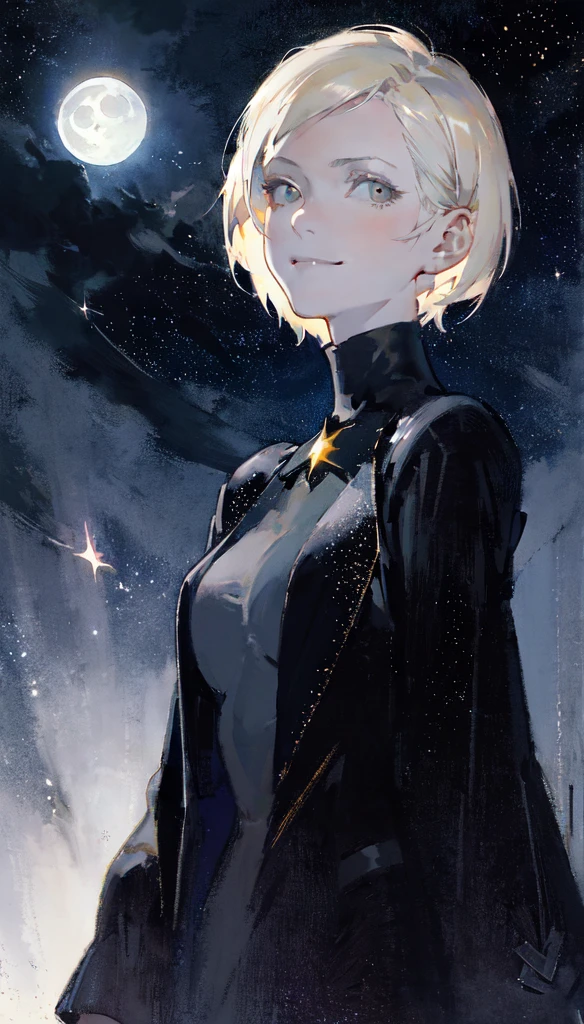 masterpiece, Best quality, portrait, 1 girl, short hair, platinum blonde hair, turtleneck, open jacket, from the shoulder, complacent, Smirk, elegant, floating hair, gloomy gloomy lighting, night sky, night, Starry sky, (moon, full moon, sparkling, A SPARK, Light particles:1.2)
