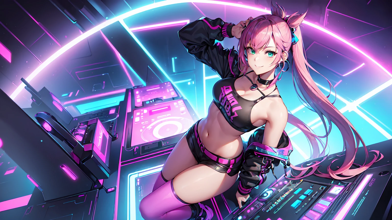 Masterpiece artwork, 1 girl ((20 years old, cropped shirt exposes the navel, purple miniskirt, tennis, medium breasts, multicolored pink hair, twin ponytails, greeneyes, flerting, glad, great smile, looking up, earbuds, standing behind a DJ booth in a nightclub, neon and colorful lighting, futuristic dance club, futuristic and exciting atmosphere)) ((standing alone)) ((High camera angle, view from the top))