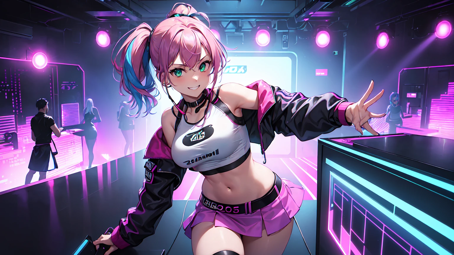 Masterpiece artwork, 1 girl ((20 years old, cropped shirt exposes the navel, purple miniskirt, tennis, medium breasts, multicolored pink hair, twin ponytails, greeneyes, flerting, glad, great smile, looking up, earbuds, standing behind a DJ booth in a nightclub, neon and colorful lighting, futuristic dance club, futuristic and exciting atmosphere)) ((standing alone)) ((High camera angle, view from the top))