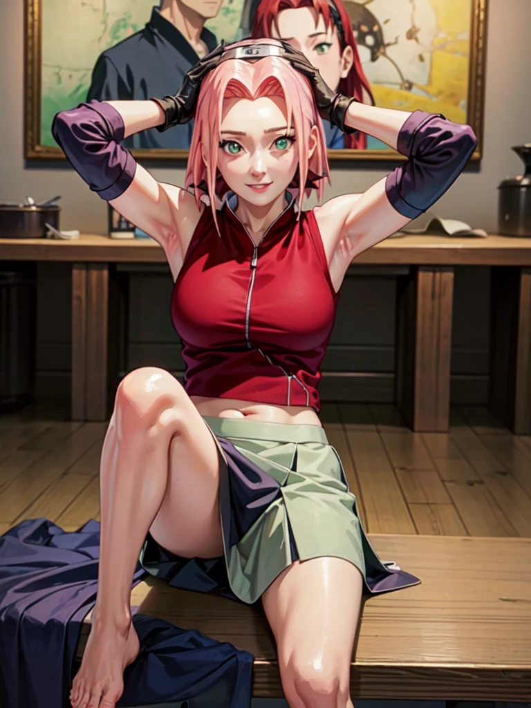 Sakura Shippuden, red shirt, Wrap your legs, skirt, Shoes without toes, 검은 속skirt, Sleeveless, forehead, green eyes, ยามforehead, black gloves, perfect, Masterpiece, (best quality, mackerel:1.2), 1 woman, Beautiful and delicate eyes, Beautiful and delicate lips, Highly detailed eyes and face, Long eyelashes, center:oil painting, bright colors, HDR, studio lighting, Very detailed drawings, Sharp focus, Physical rendering, Very detailed explanation, Portrait, ((Organized fingers)), attractive body, big breasts:1.3, perfect 모양, Facing the audience, difficult, That's cool., sitting astride., smile, (Place your arms behind your head..:1.2), navel
