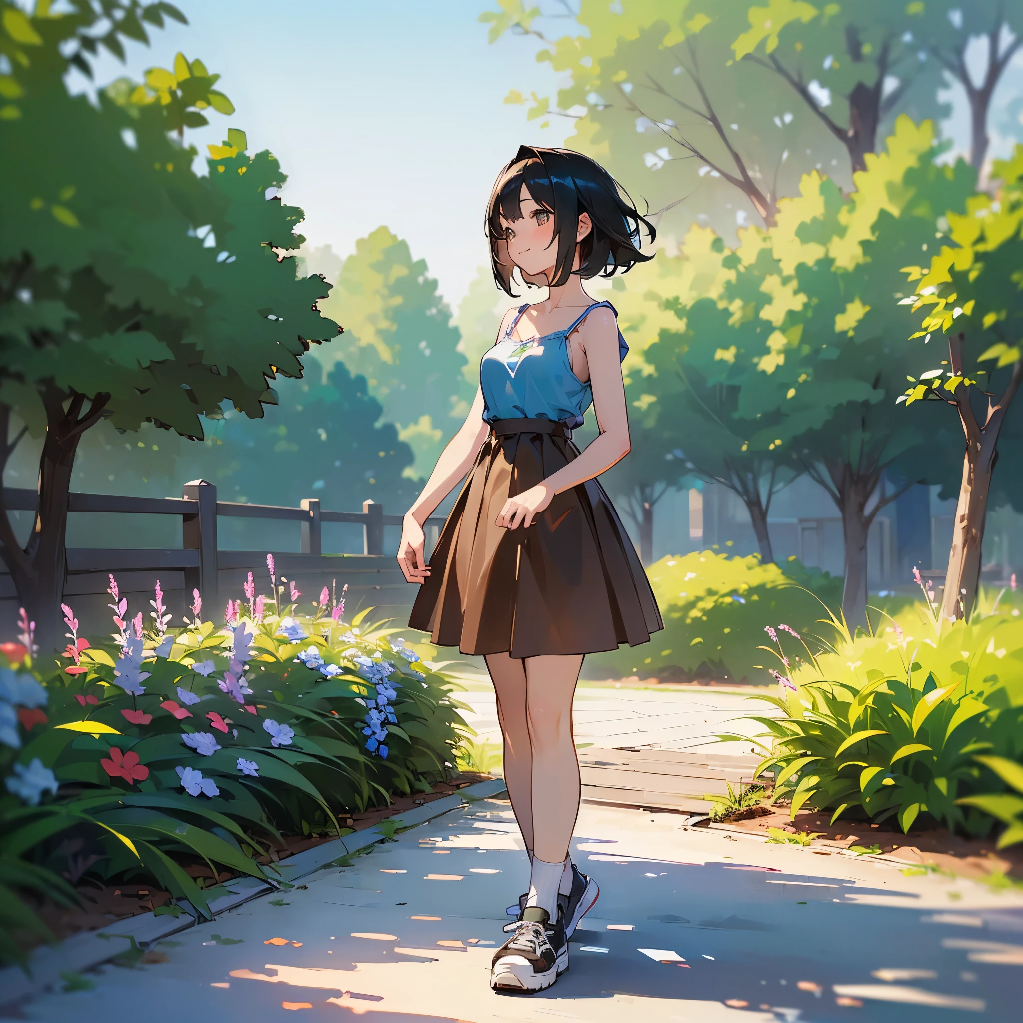 (high quality, High resolution, Very detailed, reality:1.37), Peaceful atmosphere, (Outdoor, garden),  girl standing alone, (my breasts are big.), Beautiful details, Cute Smile, (Black bob hair), camisole, Brown Skirt, Blue socks, sneakers.