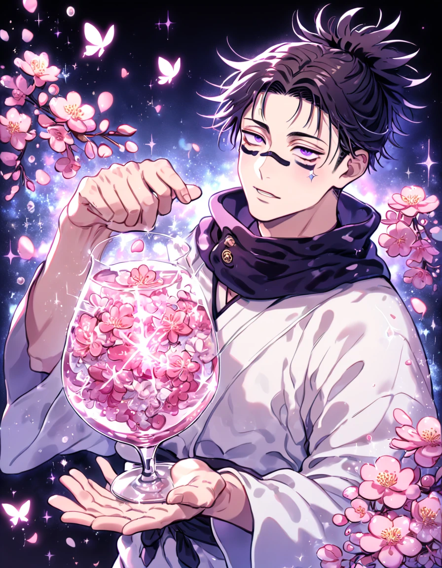 absurdres, highres, ultra detailed, HDR, master piece, best quality, Choso, black hair, expressive purple eyes, Jujutsu Kaisen, solo, sexy man, handsome, black scarf, white kimono, water, fantasy, magical, shining, pink flowers, pink blossoms, pink petals, pink butterflies, sparkling glass
