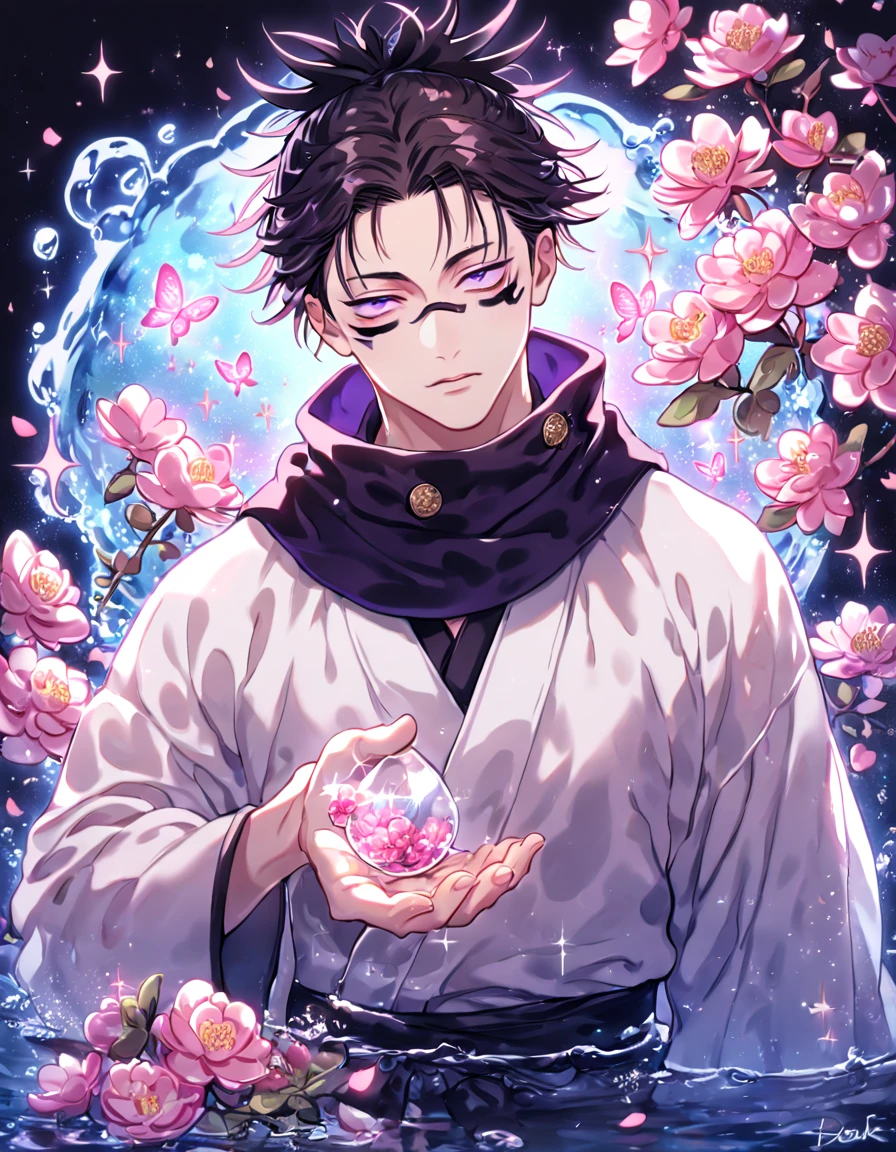 absurdres, highres, ultra detailed, HDR, master piece, best quality, Choso, black hair, expressive purple eyes, Jujutsu Kaisen, solo, sexy man, handsome, black scarf, white kimono, water, fantasy, magical, shining, pink flowers, pink blossoms, pink petals, pink butterflies, sparkling glass