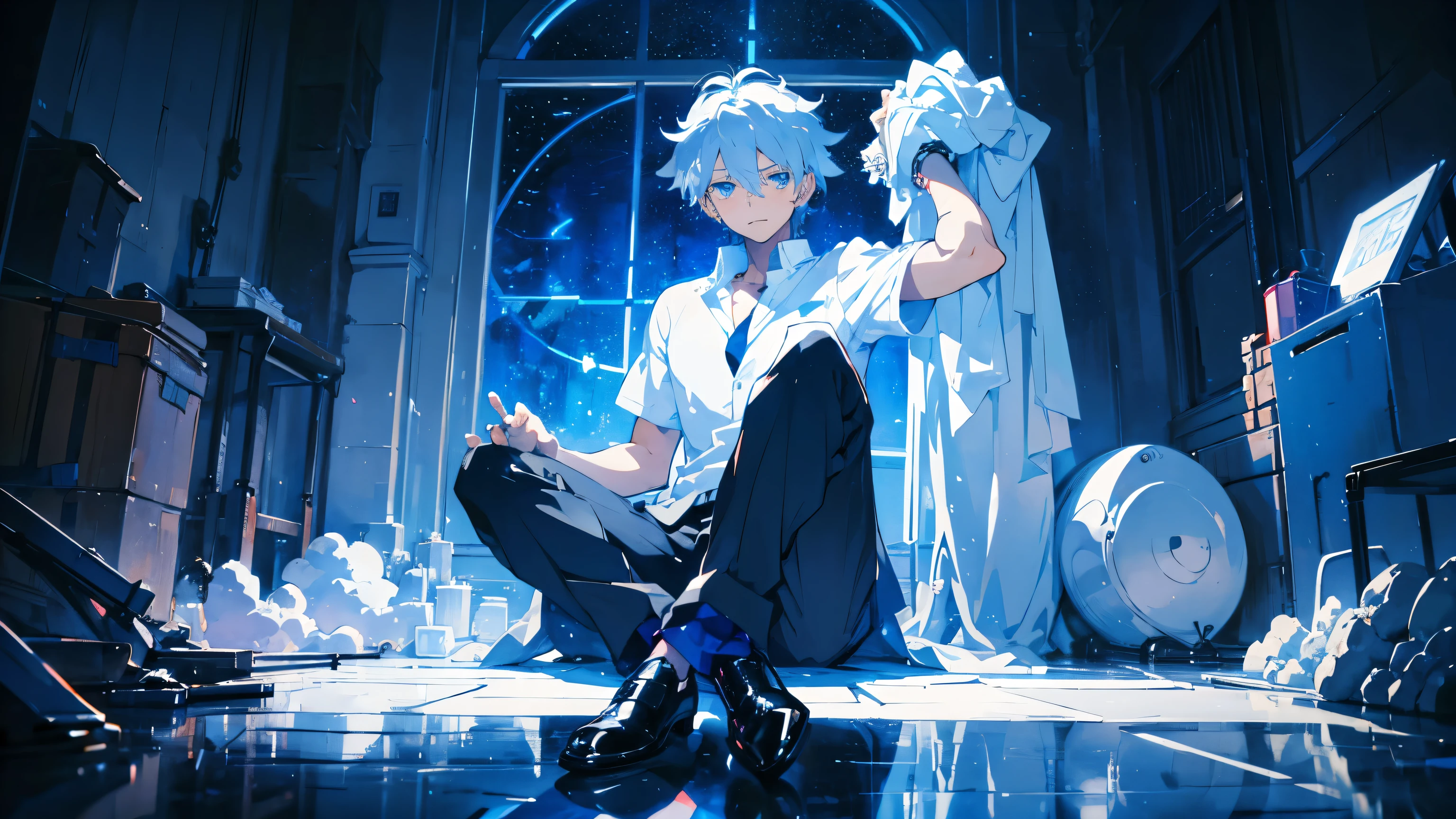 A man in a white shirt and black pants is sitting on the ground, Anime drawings inspired by Togyu Okumura, Topics on pixiv, What it is？, kaworu nagisa, Tall anime guy with blue eyes, Handsome anime pose, One character&#39;s whole body, male Anime characters, as an Anime characters, Hajime Yatate, Anime characters, Surrealism, cinematic lighting, UHD, high details, best quality, highres, 8k