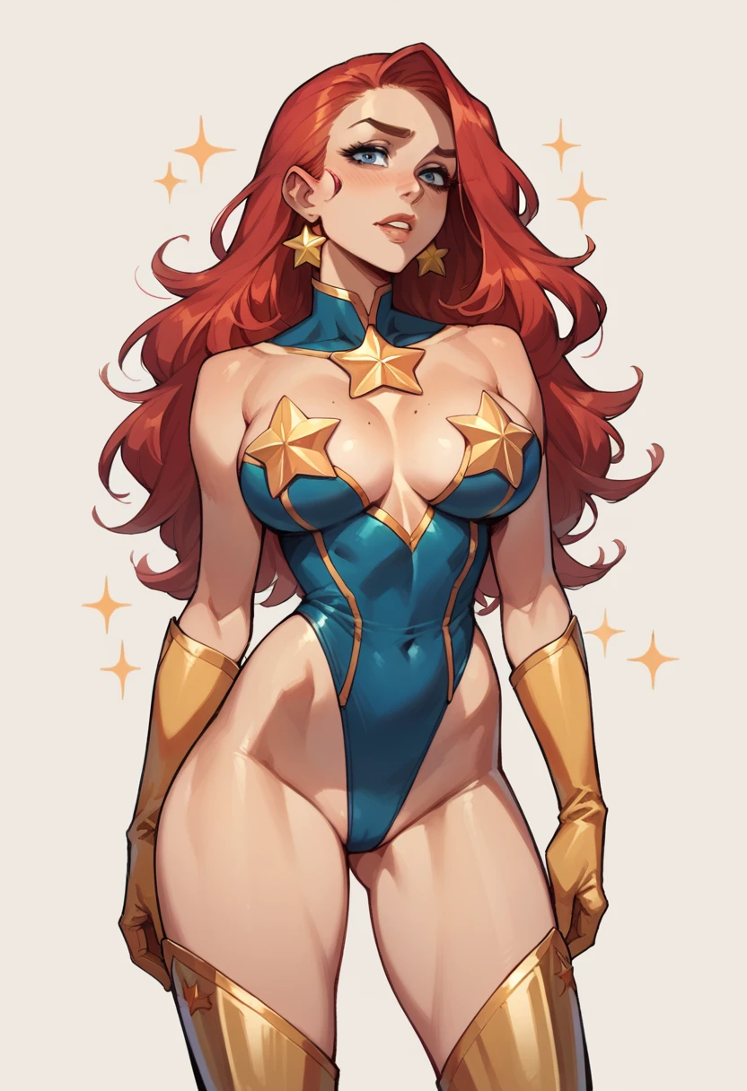 masterpiece, Sexy, Superheroine, Red hair, long hair, busty, ((blue highleg leotard with a t-back thong and a gold star insignia on chest)), gold boots, gold gloves,