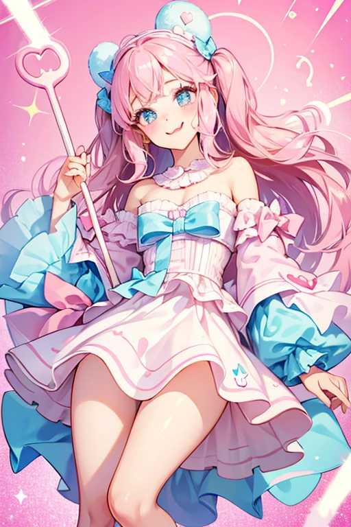 A girl pale pink marshmallow bear on a stick with hot pink bows on each ear. Her lower half is dipped in baby blue icing or chocolate, and she has a squinting-wink eye and tongue sticking out of her sideways smile. SPARKLE; GLITTER