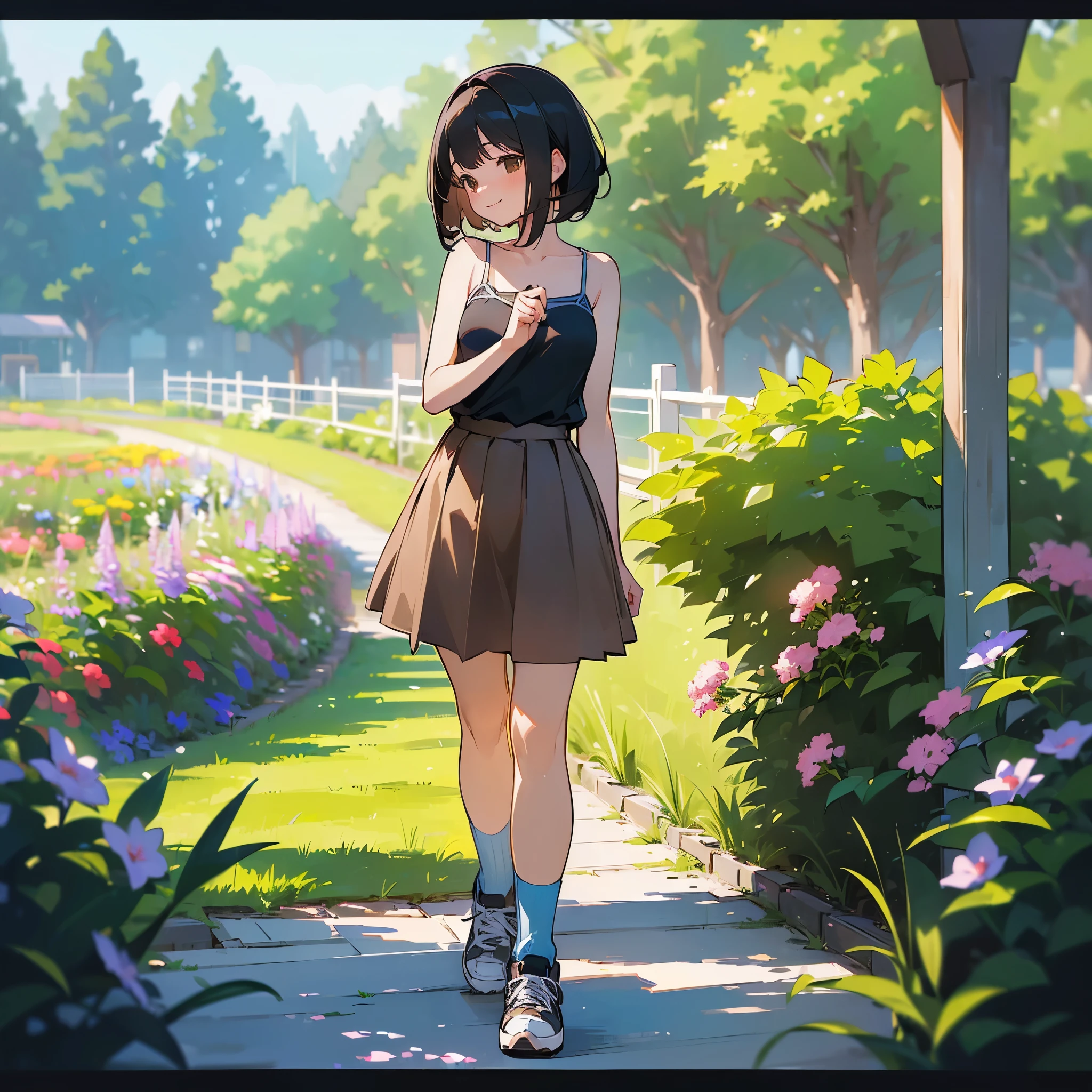 (high quality, High resolution, Very detailed, reality:1.37), Peaceful atmosphere, (Outdoor, garden), Teenage girl standing alone, (my breasts are big.), Beautiful details, Cute Smile, (Black bob hair), camisole, Brown Skirt, Blue socks, sneakers.