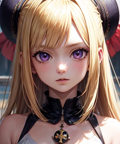 4K,masterpiece,Highest quality,Blonde,Purple inner color,Side Tail,girl,one piece,Purple Eyes,front