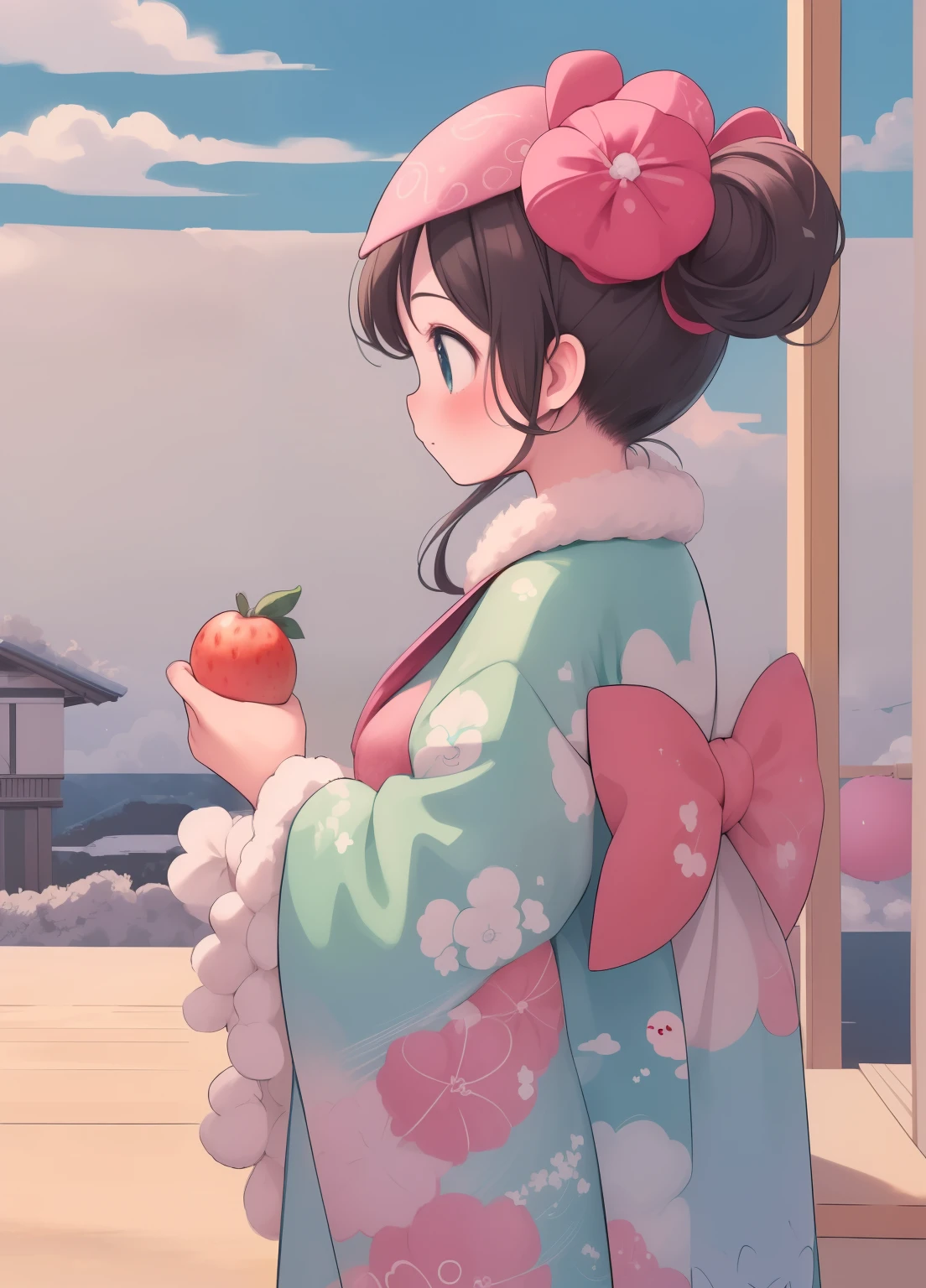 (masterpiece、Highest quality、Highest quality、Official Art、Beautiful and beautiful:1.2)、(One girl:1.3)Hatsune Miku、Twin tails,Beautiful breasts, Katsushika Hokusai,Little kids performing on stage、Wearing a cute fruit costume、action、Close your right eye、salute、Take a photo from the side