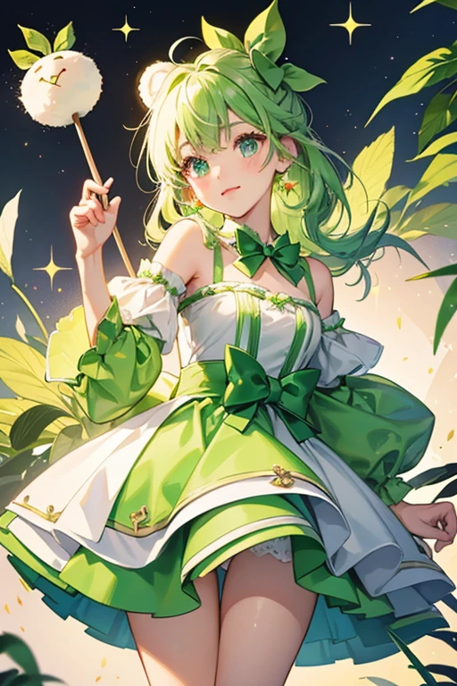 A green apple girl bear on a stick with a single leaf bow. Her lower half is dipped in glittery white chocolate. She has no mouth but squints her left eye. SPARKLE; GLITTER
