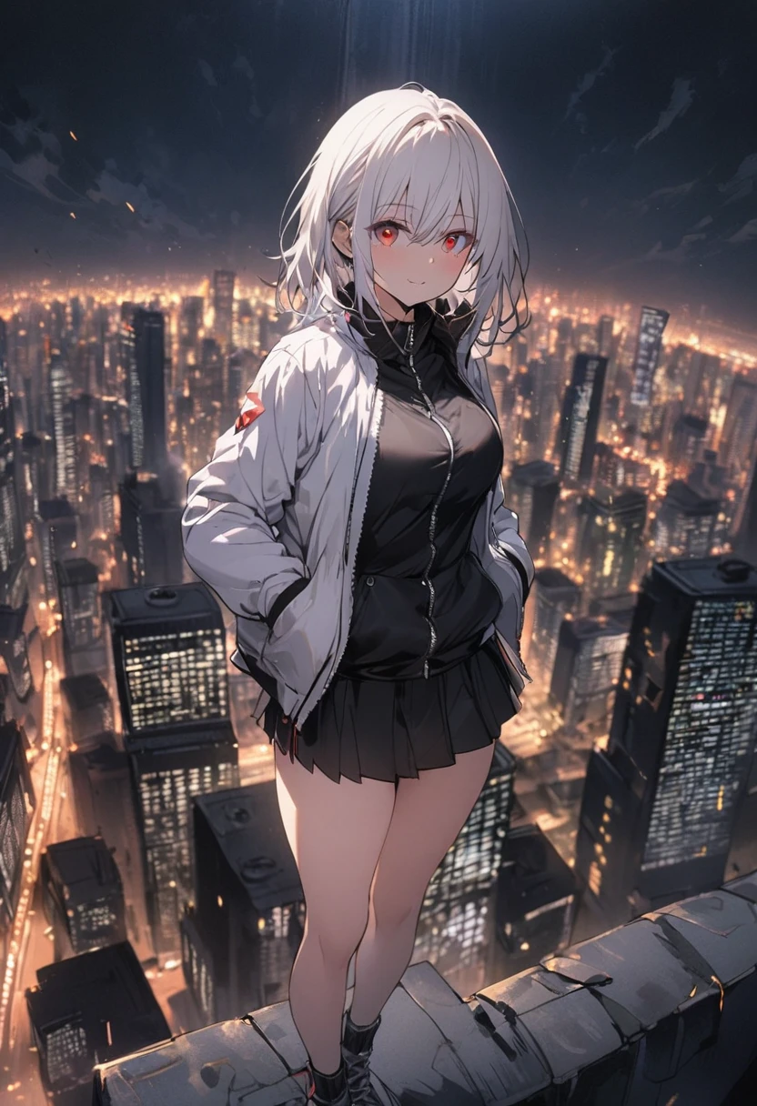 1 adult woman with white hair, red eyes, wearing a light jacket and short skirt, standing on top of a building, dark city night, hands in pockets, building view ((with city lights)) (city background ), night,