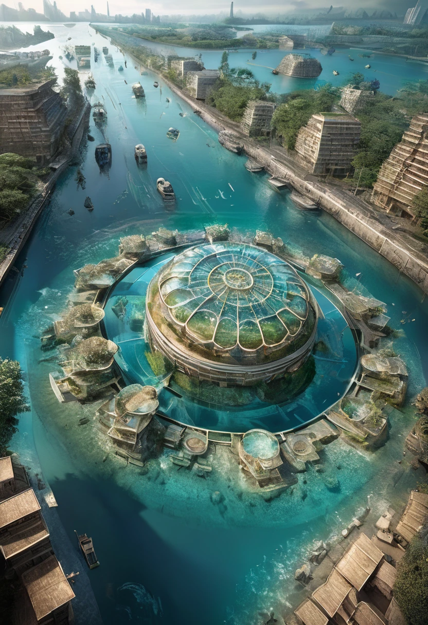 an ancient underwater city resembling a circular kaleidoscope, surprising discoveries, shading effects, gradation magic effects, (ultra detailed, absolutely resolution, best quality:1.3), 2.5D, delicate and dynamic, artistic photography, hyper realistic, graphic CG digital art