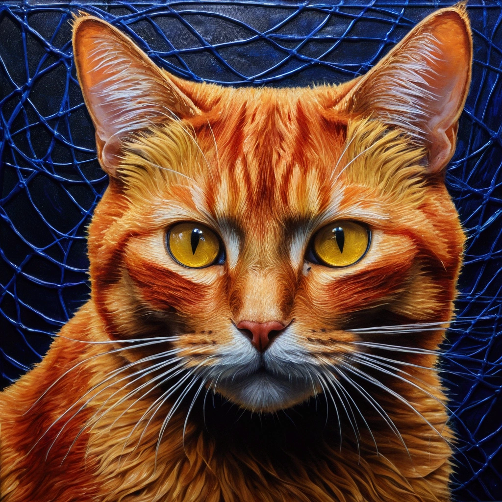 a red cat with yellow eyes on an acrylic canvas, in the style of complex surfaces, Made of liquid metal, infinity nets, dark gold and indigo, artistry fotorrealista da vida selvagem, artistry