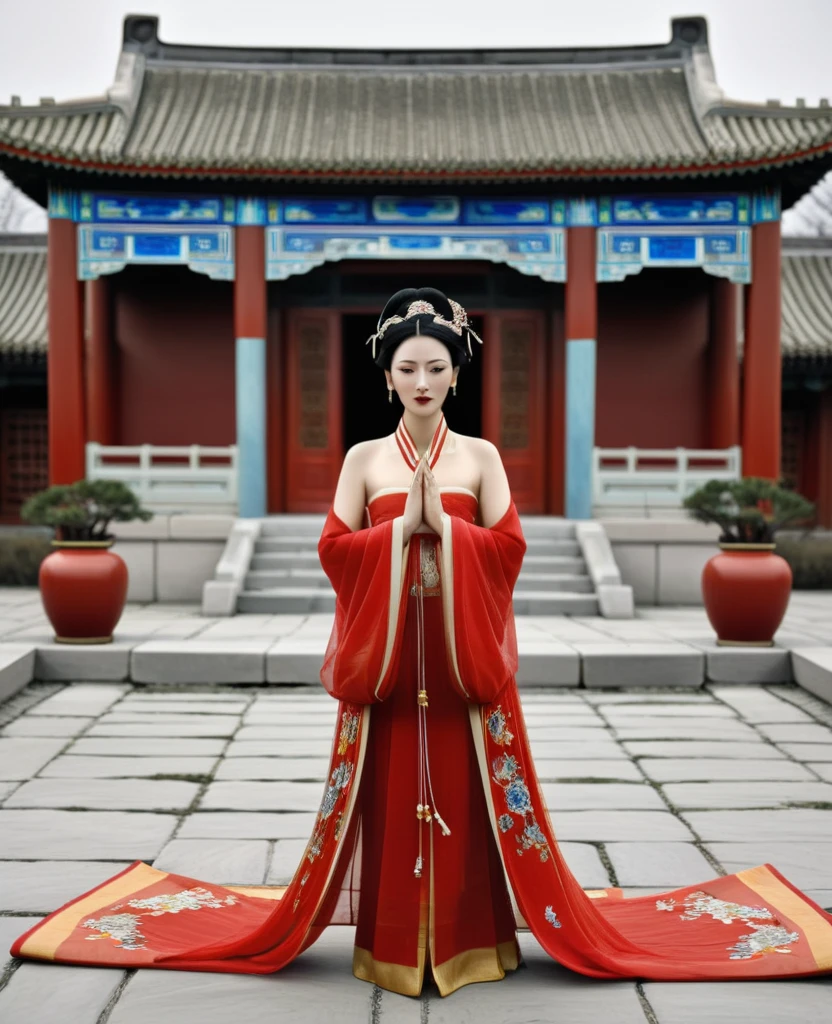 A naked Qing dynasty empress with her hands open, wearing a red loincloth, seen from the front. She is on the stone paving outside the Chinese palace during the Qing dynasty. Her Qing dynasty hair is tied with both ends, and she wears a gorgeous Chinese empress's crown and a hair ornament. Her hair is tied up and pulled up.、