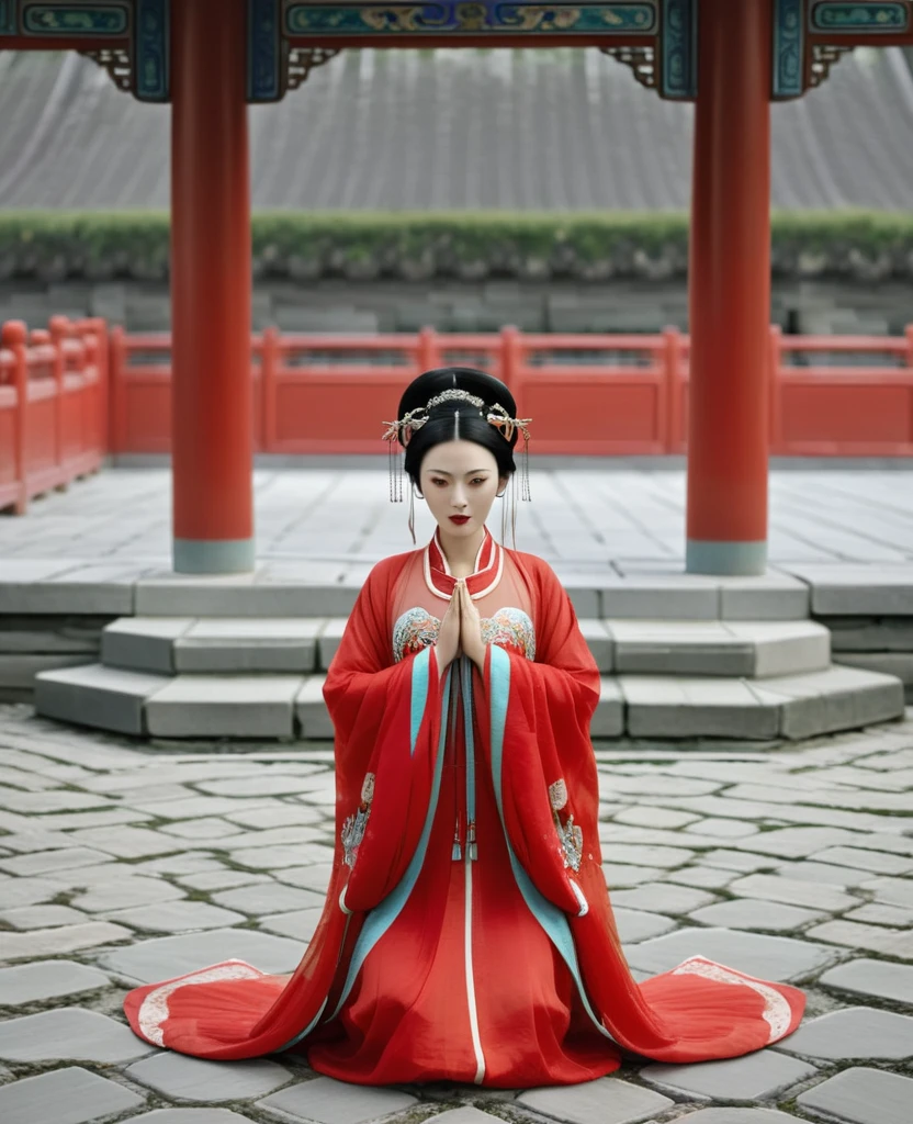 A naked Qing dynasty empress with her hands open, wearing a red loincloth, seen from the front. She is on the stone paving outside the Chinese palace during the Qing dynasty. Her Qing dynasty hair is tied with both ends, and she wears a gorgeous Chinese empress&#39;s crown and a hair ornament. Her hair is tied up and pulled up.、