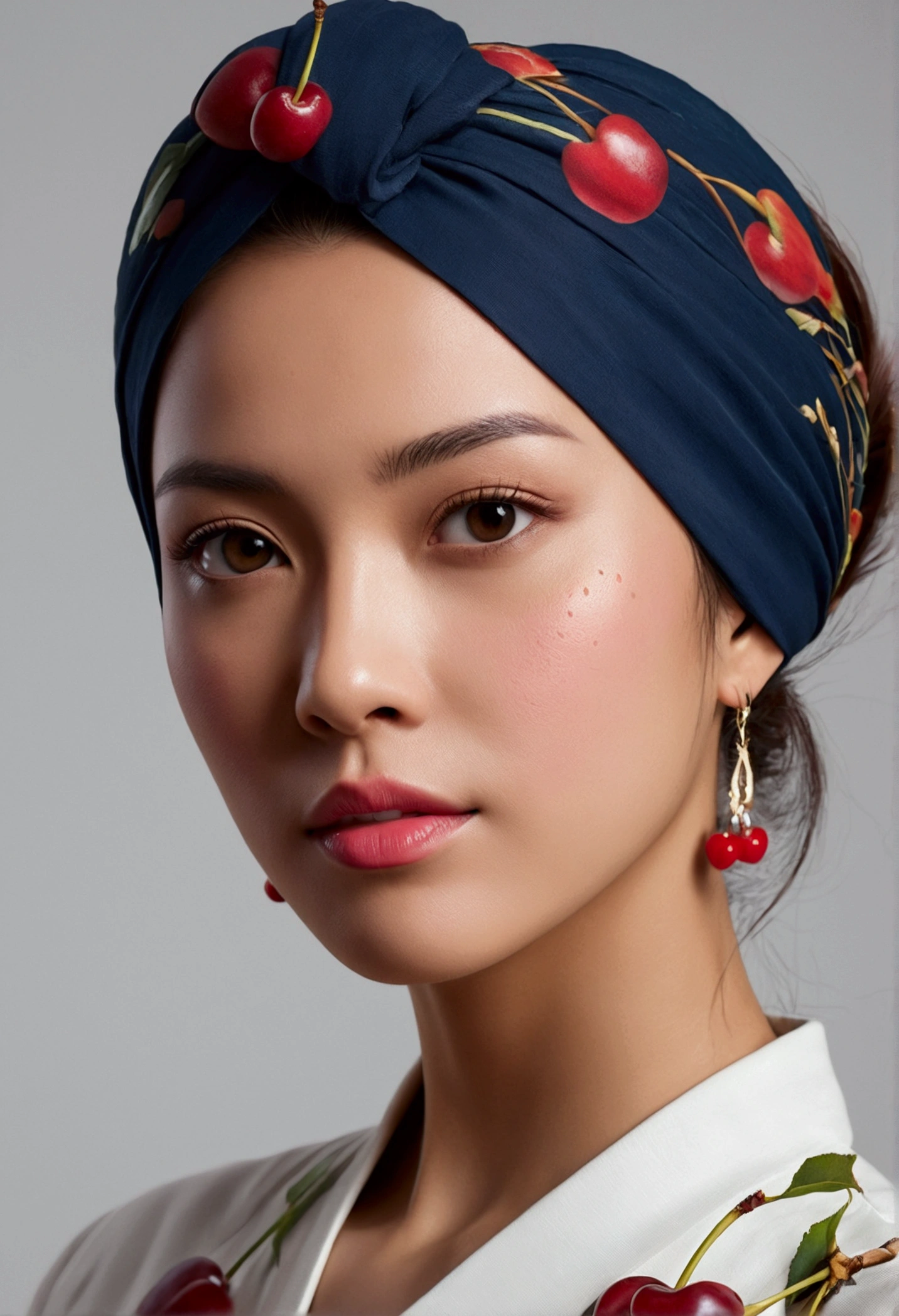 woman with raised hair,Leave your hair in proportion from head to shoulders.,white background,Wear a single-breasted shirt.,There is a cherry-patterned turban on his head.,Highly detailed CG unity 8ก wallpaper, Style shock, complicated, detailsสูง, Amazing, Highest quality movie stills, detailsมาก, Masterpiece, best quality, character design, Fusión (( Dark style)), รูปแบบการเรนเดอร์ที่มีdetailsสมจริงสมจริง, natural light, sharp character design, (hard Focus, 8ก), (((The skin texture is natural.))), 8ก textures, soFt cinematic lighting, Adobe Lightroom, dark room, HDR, seasoned, elegant, detailsมากมาย, Sharp Focuilm look) )), soothing color tones, details, detailsที่complicated, detailsสุดยอด, low contrast, SoFt Film Lighting, Dull color, optical mixing, HDR, fade away, 35mm, F/1.4, ISO, F16, 25 seconds.