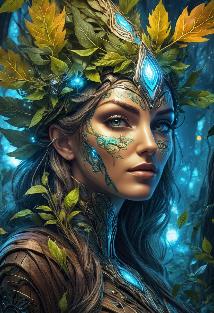 Fairy Photography, Lovely, crawl, (Perfect face: 1.1), (Unbelievable face: 1.2), Intricate details, realism, Colorful Cyberpunk, Luminescence, Nebula and fractal patterns on wooden background, Gorgeous, Leaves, Druid, Spriggan, Dryad, Druidic
