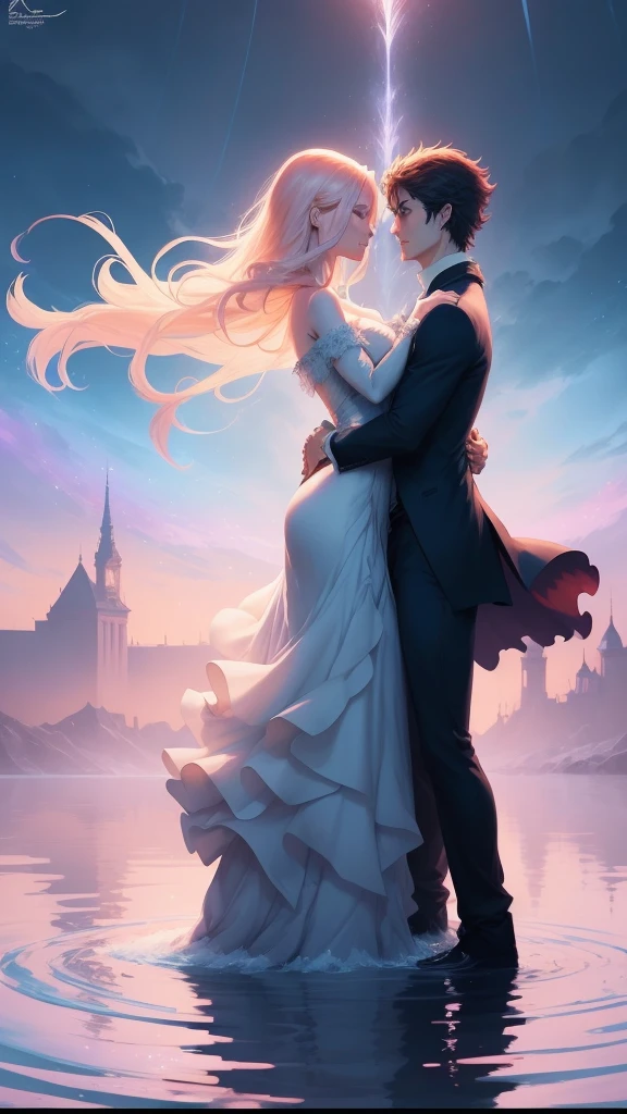 anime couple in love hugging in the water at night, concept art of love, charlie bowater art style, rob rey and kentarõ miura style, neoartcore and charlie bowater, charlie bowater and artgeem, fantasy art style, rob rey and kentarõ miura, in style of cyril rolando, style of charlie bowater