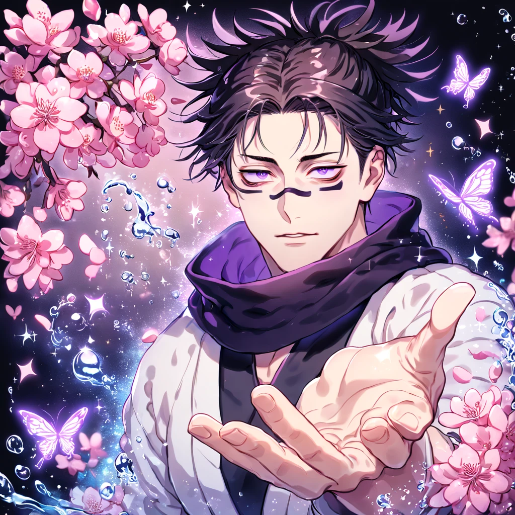 absurdres, highres, ultra detailed, HDR, master piece, best quality, Choso, black hair, expressive purple eyes, Jujutsu Kaisen, solo, sexy man, handsome, black scarf, white kimono, water, fantasy, magical, shining, pink flowers, pink blossoms, pink petals, pink butterflies, sparkling glass