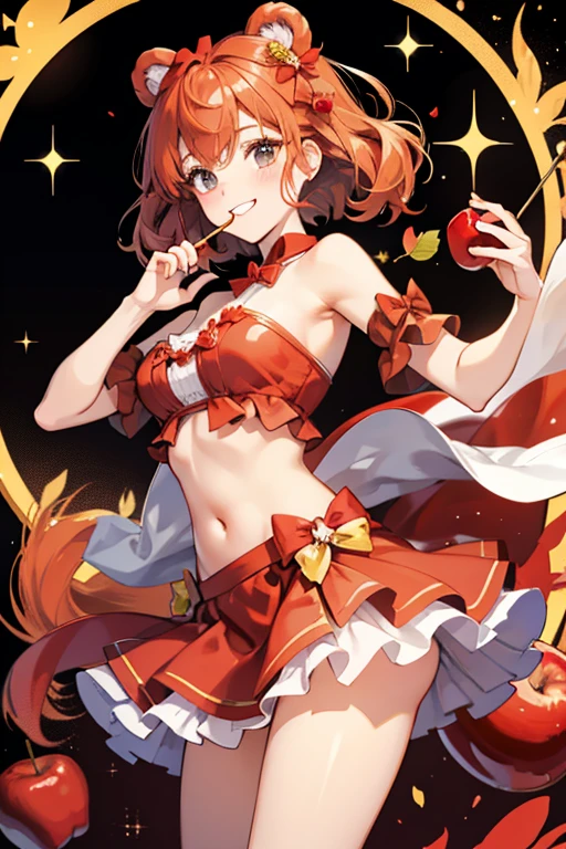 A red girl apple bear on a stick with a single leaf bow. Her lower half is dipped in caramel. She has no mouth but is squint-winking. SPARKLE; GLITTER