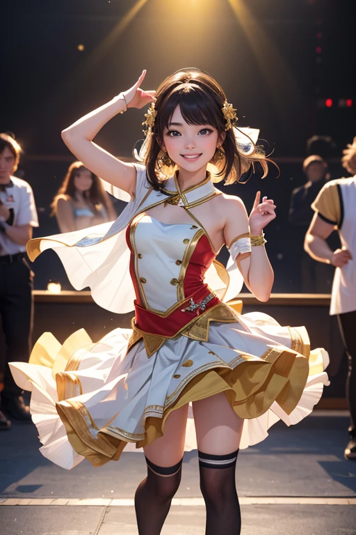 (Highest quality、 8k 、masterpiece、High resolution)、(Dancer)、Full Body Shot、15 year old girl、Idol Group、cute、Dancing with a smile、Outdoor Stage、AKB48 Costumes、Realistic、Official Art、Detailed CG、Professional Lighting、Professional photographer、(Depth of written boundary:1.3)、
