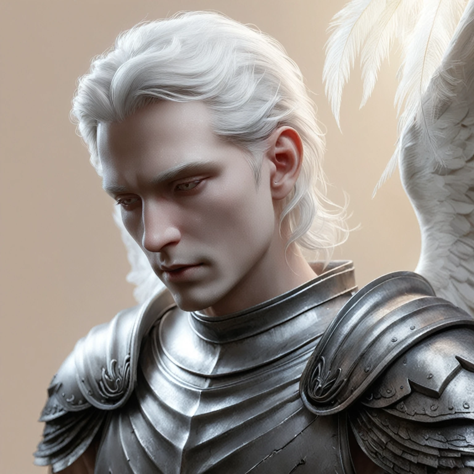 there is a male angel with white hair and a silver suit, hyperdetailed fantasy character, fantasy male portrait, detailed matte fantasy portrait, archangel, angel in plastic armor, finely detailed angelic face, 8k 3D rendering character art, close up of character art, High detail iconic character, Cute male elf, silvery skinned male elf, highly detailed character, looking at the camera