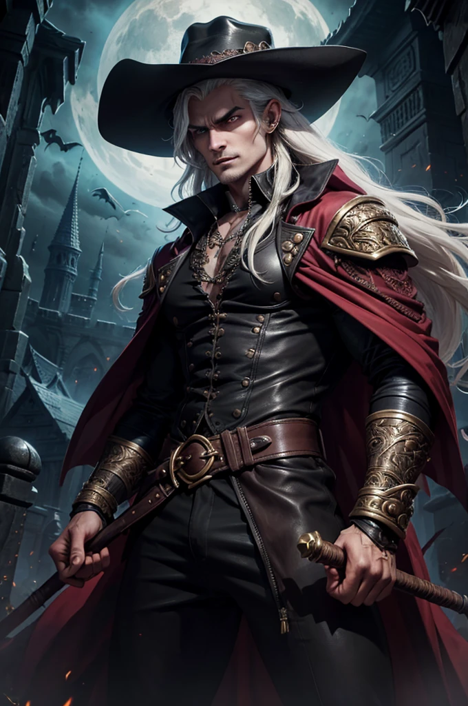 In a dark, gothic setting with ornate stone arches in the background, stands a formidable vampire hunter, embodying a mix of fierce determination and elegance. He wears a broad-brimmed hat adorned with a ruby and intricate metallic designs, framing his long, flowing white hair. His piercing gaze is intense, focused on his mission. Dressed in a richly detailed, leather-bound outfit, his coat is decorated with intricate patterns and fastened with numerous ornate buttons. In one gloved hand, he grips a whip that ignites with a mystical, fiery glow. Behind him looms a ferocious, snarling vampire with elongated fangs and wild, windswept hair, adding a sense of imminent danger. The overall scene exudes a sense of dark fantasy and adventure, perfect for a story or game set in a world of supernatural battles and heroic quests.
