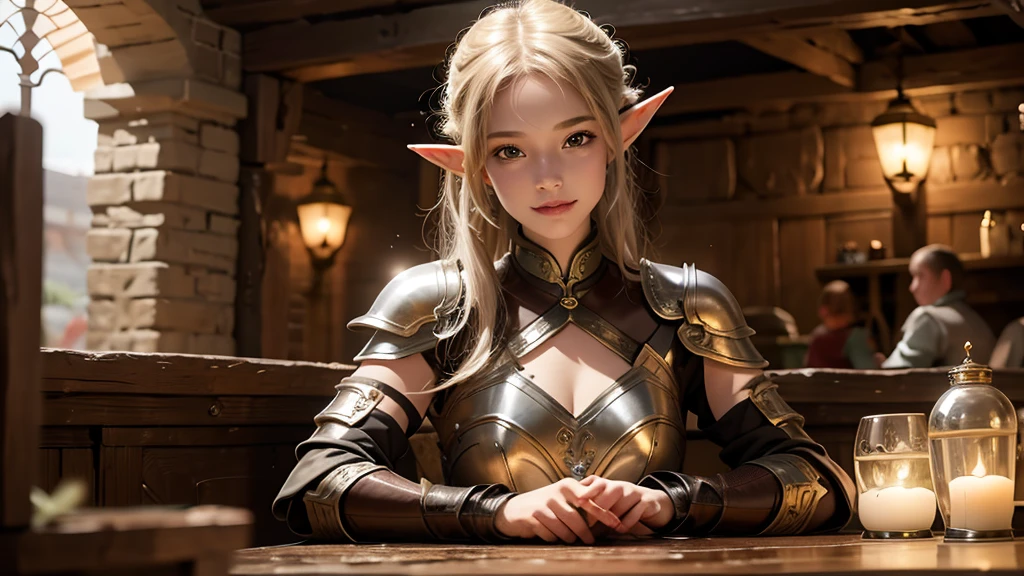 masterpiece, rest, best quality, Very detailed, Super real, 16K, high resolution, Bistro,(individual),Beautiful female elf,Openwork leather armor,回声 is sitting in a tavern, Smiling Face,Relax,Soft lighting