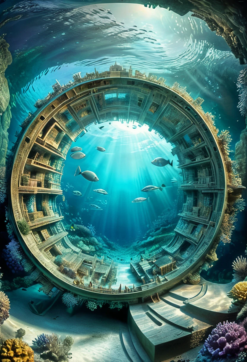 an ancient underwater city resembling a circular kaleidoscope, surprising discoveries, shading effects, gradation magic effects, (ultra detailed, absolutely resolution, best quality:1.3), 2.5D, delicate and dynamic, artistic photography, hyper realistic, graphic CG digital art