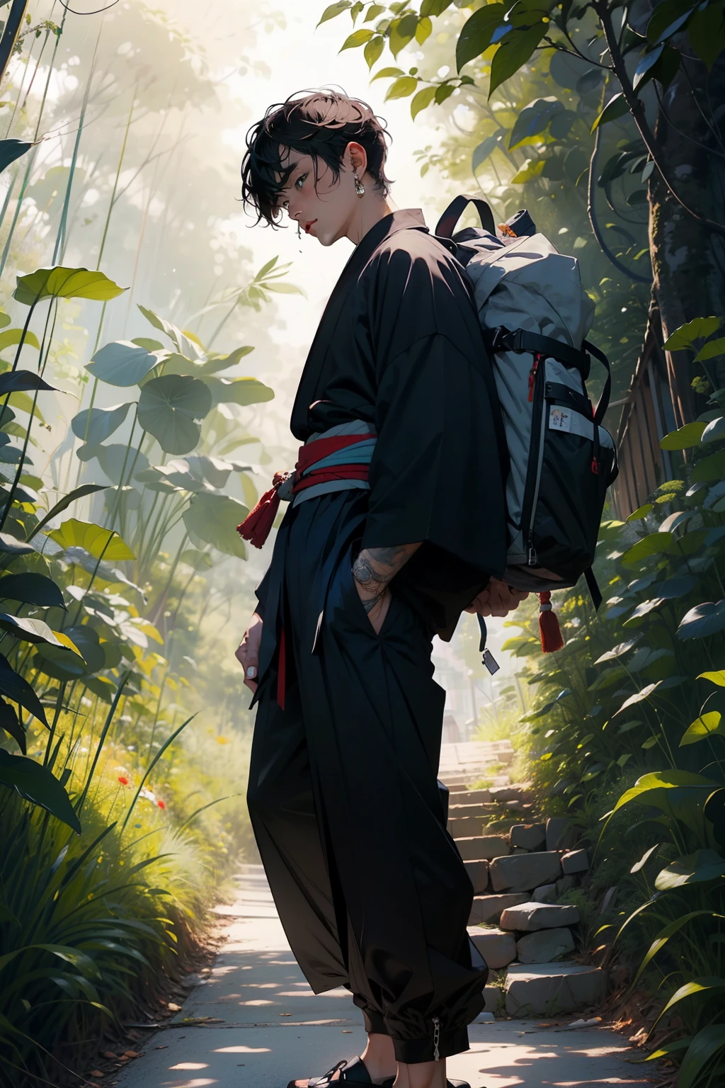 a man in a black kimono and baggy pants on a nature background he can&#39;t is wearing a backpack, and maintain the image angle. he has to be older
