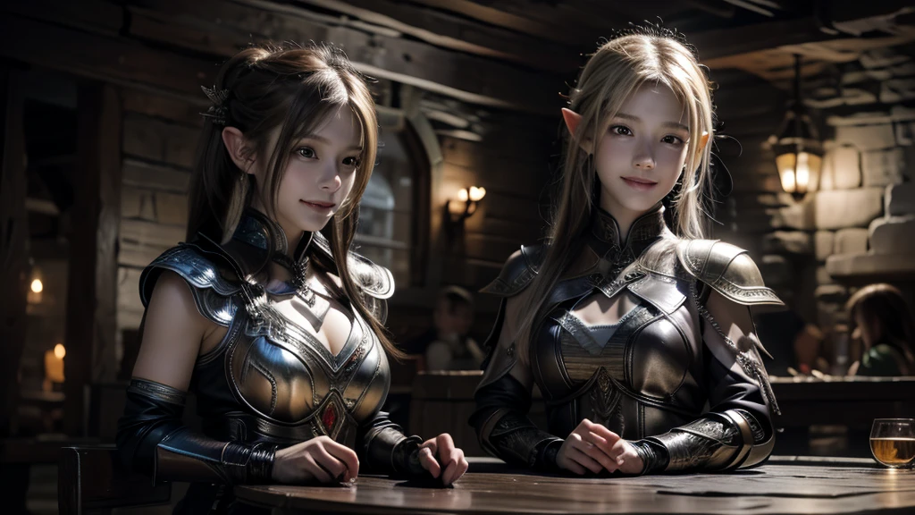 masterpiece, rest, best quality, Very detailed, Super real, 16K, high resolution, Bistro,(individual),Beautiful female elf,Openwork leather armor,回声 is sitting in a tavern, Smiling Face,Relax,Soft lighting
