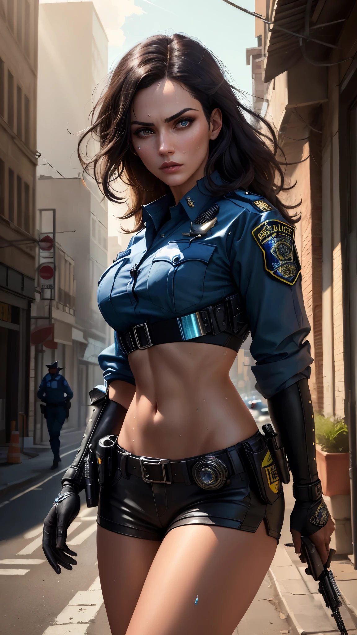 ((((masterpiece, best quality, high resolution)))), Extremely detailed 8K, 1 female, (Police Officer) wearing a cyberpunk police uniform and gear, (Ultra HD, Ultra-detailed, Highly detailed, Highly realistic, Ultra-realistic, photograph realistic), (1girl:1.5), (Realistic black hair), (dynamic poses), facing at camera, looking at viewer, (a serious focus face), (regular black eyes, sharp eyes), (perky breasts:1.2), (beautifully detailed face, beautiful detailed eyes), ((preparing for a police patrol)), (streets background), sweat, glow, (sunbeam, sunlight), ((cowboy shot)), seductive, EnvyBetterHands LoCon,