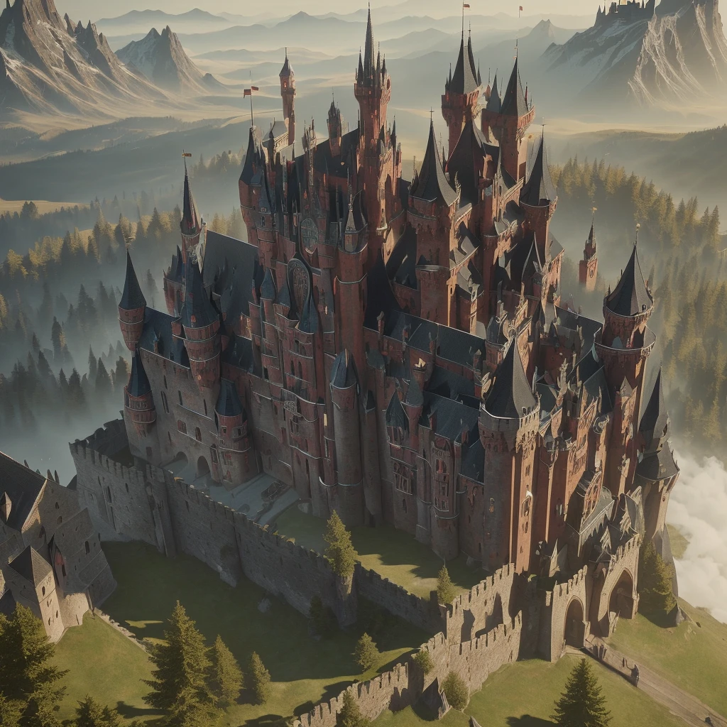 (masterpiece) (ultra high definition) (unreal engine) (4k) (bestqulity) (epic game art) (ultra high quality) a close up of a castle with towers and some red roofs, medieval citadel, fortress, epic castle with tall spires, gothic, a medieval keep, medieval castle, a medieval castle, high fantasy castle, grimdark fantasy fortress, fortress, background fortress, towers, gothic castle, gigantic castle, giant castle walls, dark grey stone walls, dark fantasy gothic castle