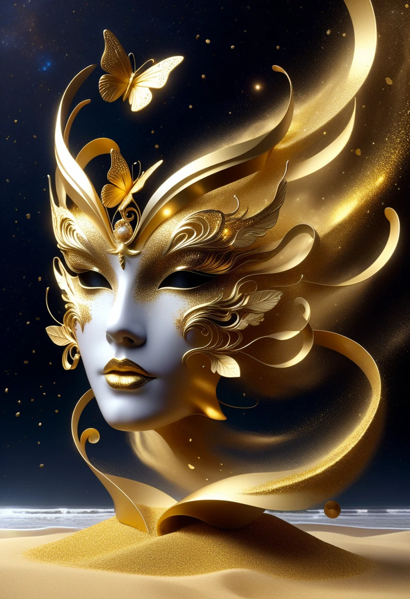 Gold Leaf Art：1.5.Made of platinum，gold mask，statue，Flowing golden sand beach，Still Life Table Setting，Dark background，Woman portrait sculpture，look up，Golden butterfly on cheek，Hollow butterfly wings，Gold Dust，Gold particles modern style, high resolution, artwork，Advanced composite technology，Golden confetti falling in the air
