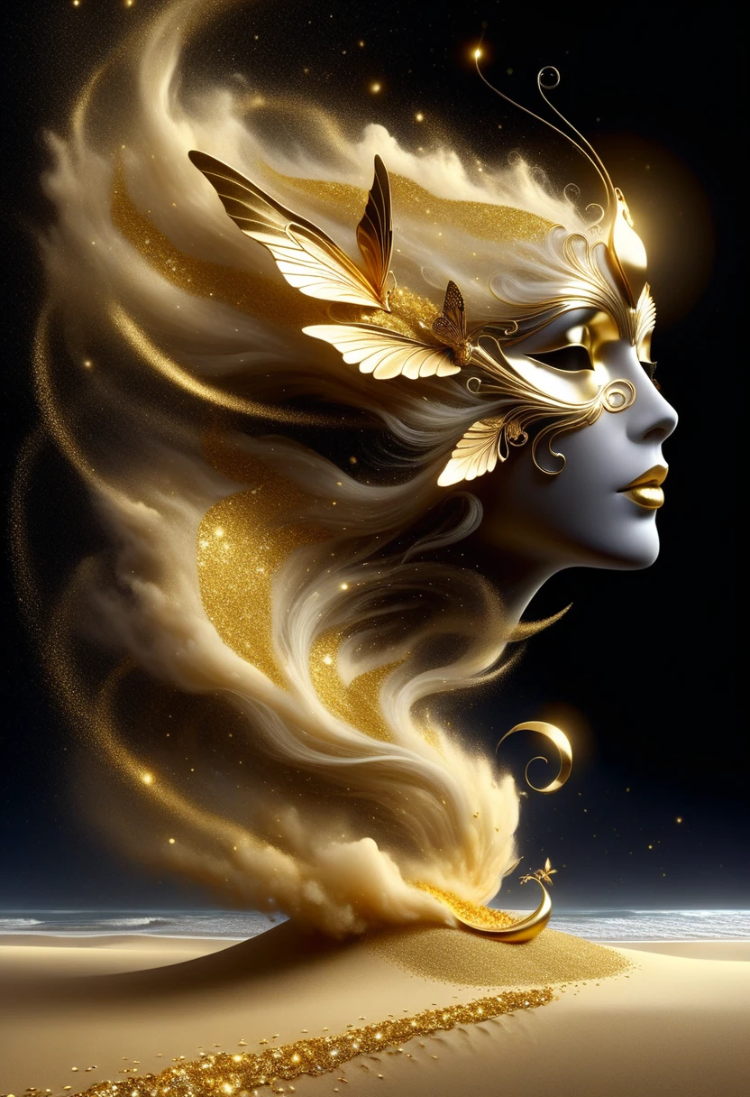 Gold Leaf Art：1.5.Made of platinum，gold mask，statue，Flowing golden sand beach，Still Life Table Setting，Dark background，Woman portrait sculpture，look up，Golden butterfly on cheek，Hollow butterfly wings，Gold Dust，Gold particles modern style, high resolution, artwork，Advanced composite technology，Golden confetti falling in the air
