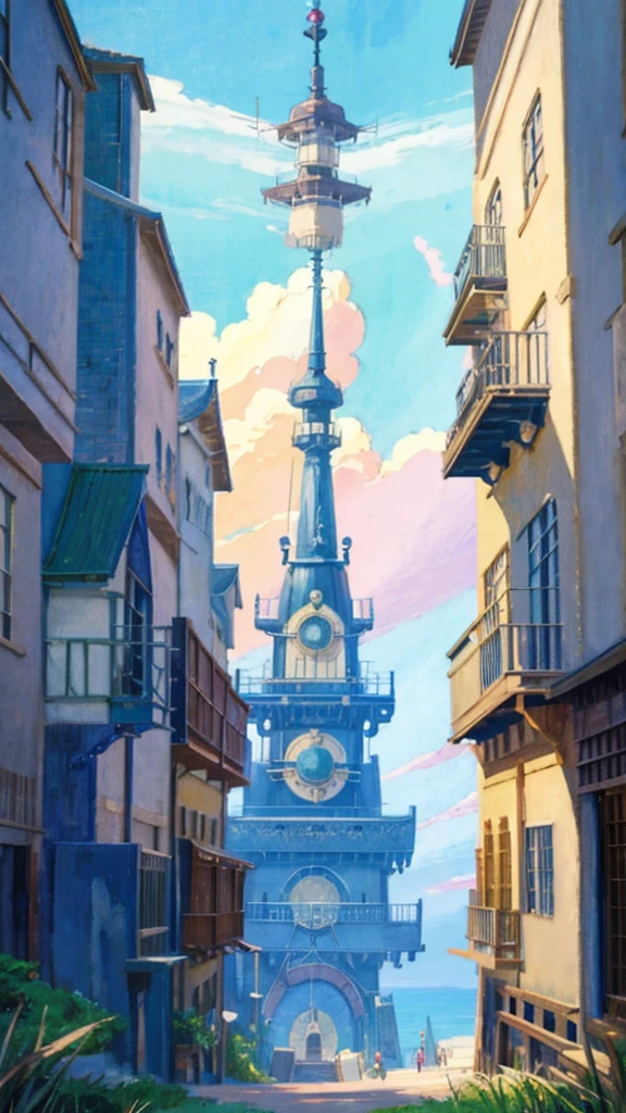 DVD screengrab from studio ghibli movie, beautiful seaside steampunk observatory, clouds on blue sky, designed by Hayao Miyazaki, retro anime, street view