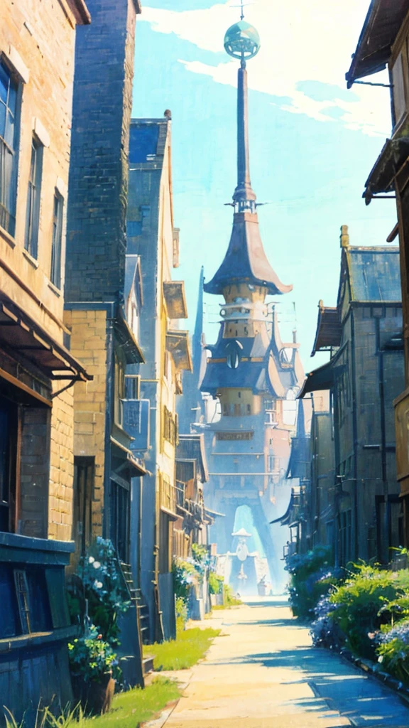 DVD screengrab from studio ghibli movie, beautiful seaside steampunk observatory, clouds on blue sky, designed by Hayao Miyazaki, retro anime, street view