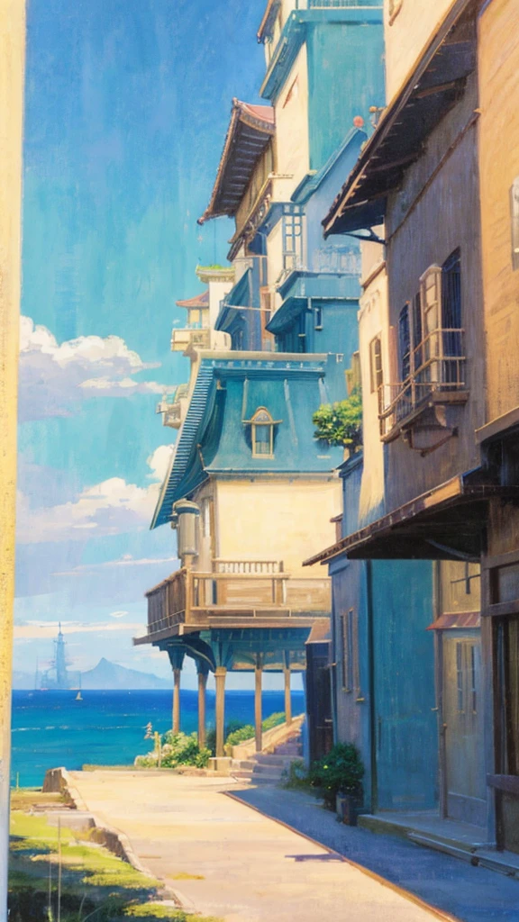 DVD screengrab from studio ghibli movie, beautiful seaside steampunk observatory, clouds on blue sky, designed by Hayao Miyazaki, retro anime, street view