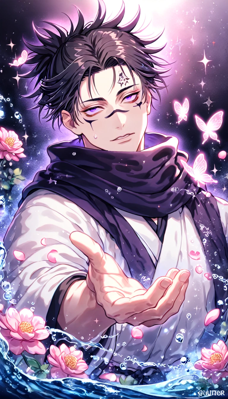 absurdres, highres, ultra detailed, HDR, master piece, best quality, Choso, black hair, expressive purple eyes, Jujutsu Kaisen, solo, sexy man, handsome, black scarf, white kimono, water, fantasy, magical, shining, pink flowers, pink blossoms, pink petals, pink butterflies, sparkling glass