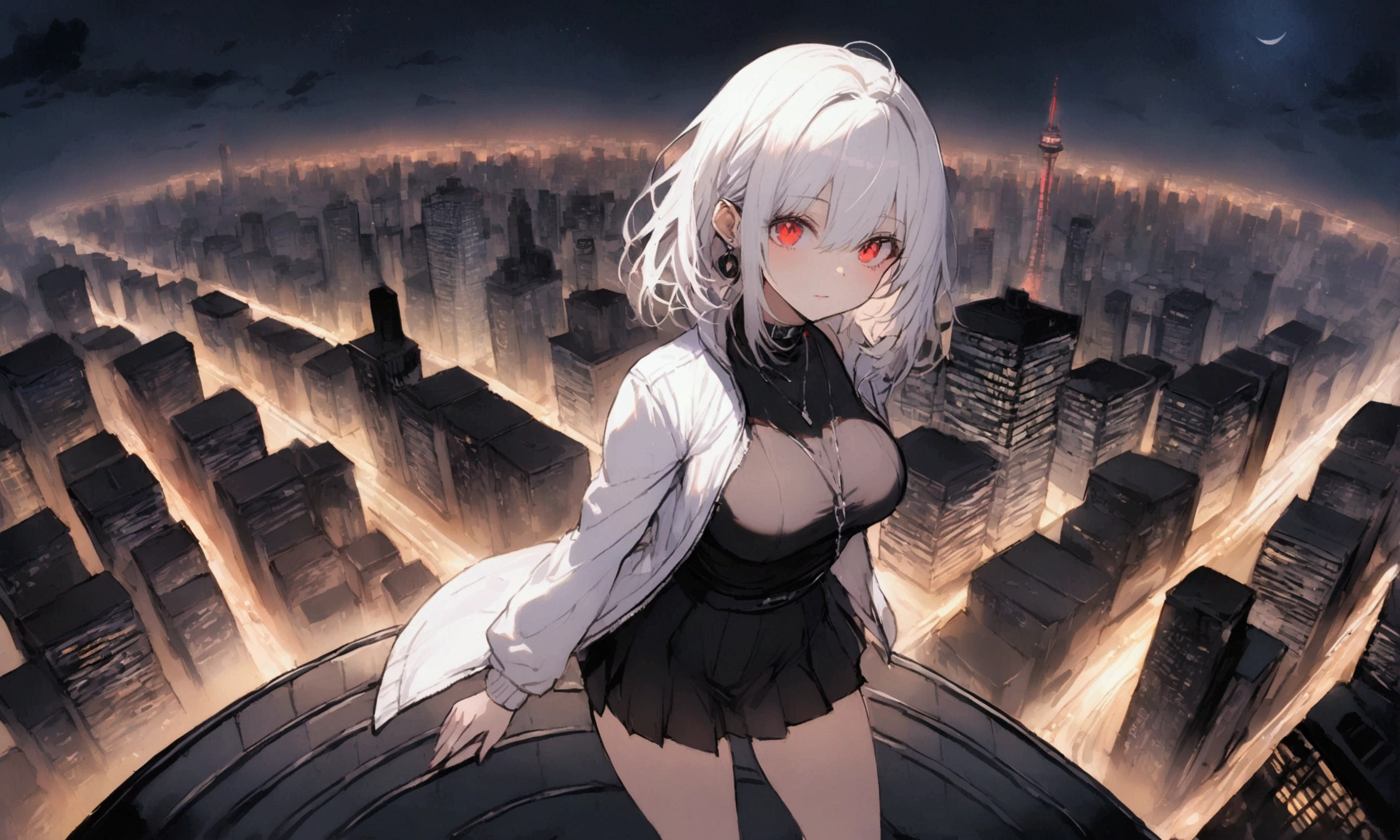 1 adult woman with white hair, red eyes, wearing a light jacket and short skirt, standing on top of a building, dark city night, building view ((with city lights)) (city background ), night,